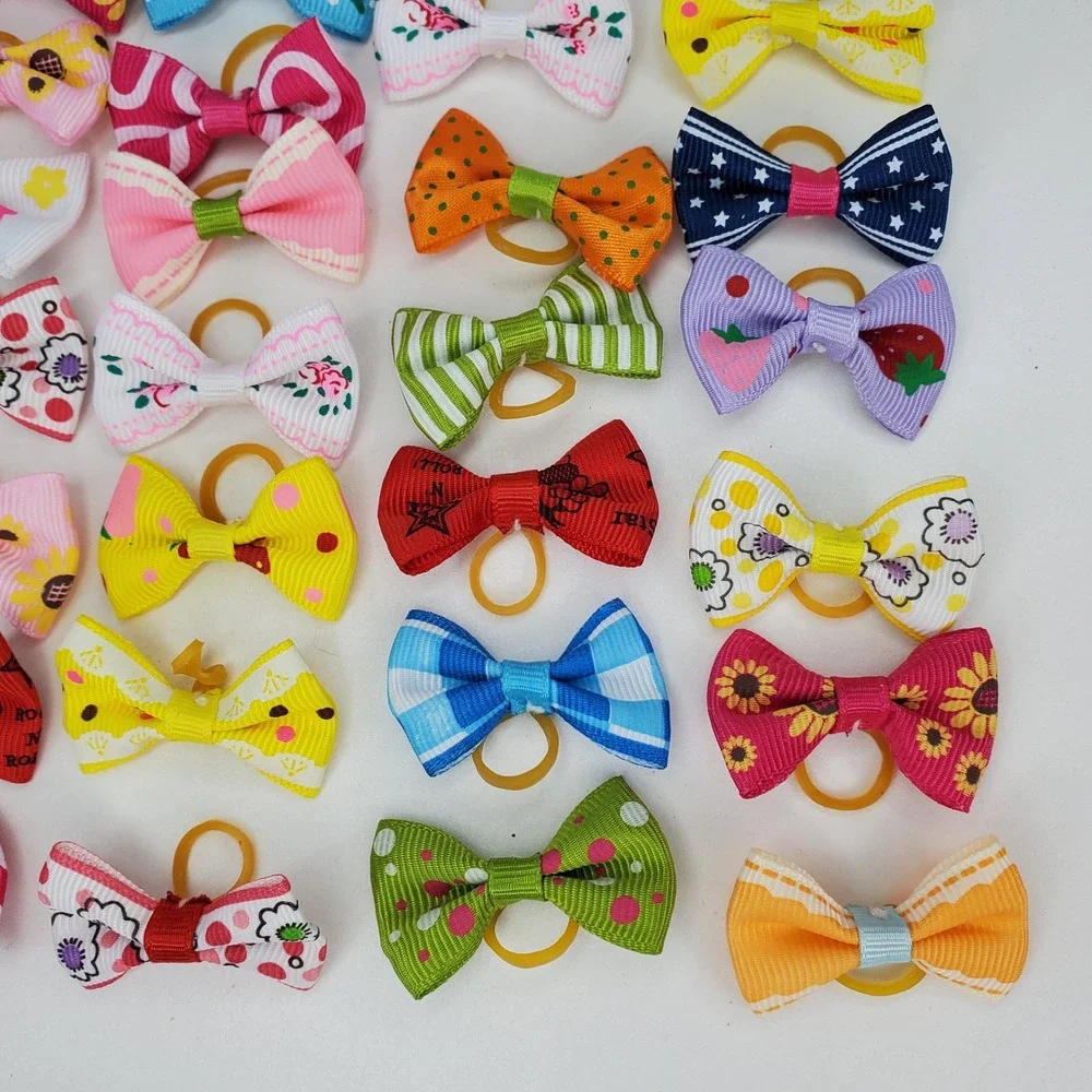50pc Bulk Lot Mini Grosgrain Ribbon Hair Bows Small Elastic Bands Pet Grooming